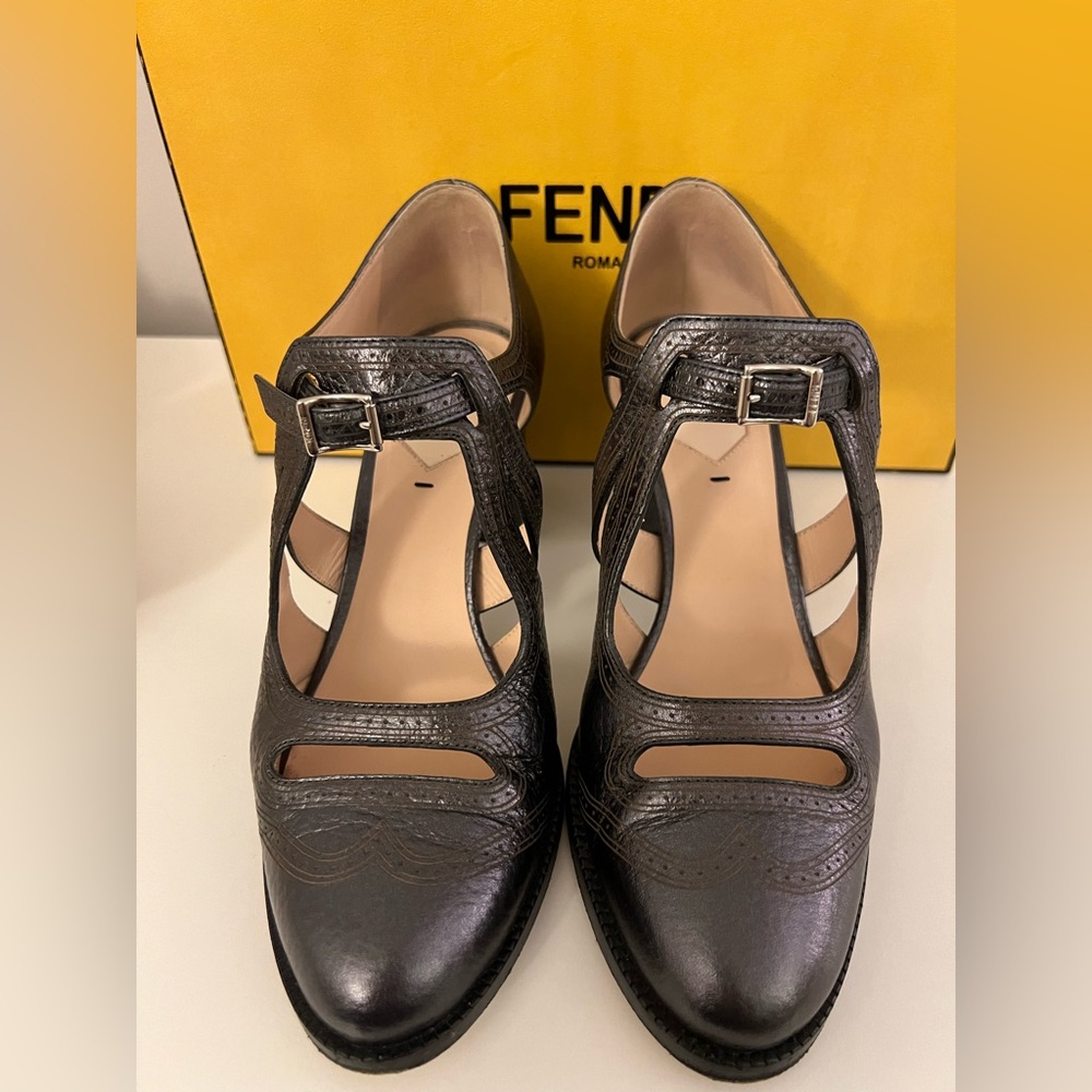 Authentic Fendi Charcoal Cut-out Mary Jane Pumps, Size 7 - Picture 2 of 14